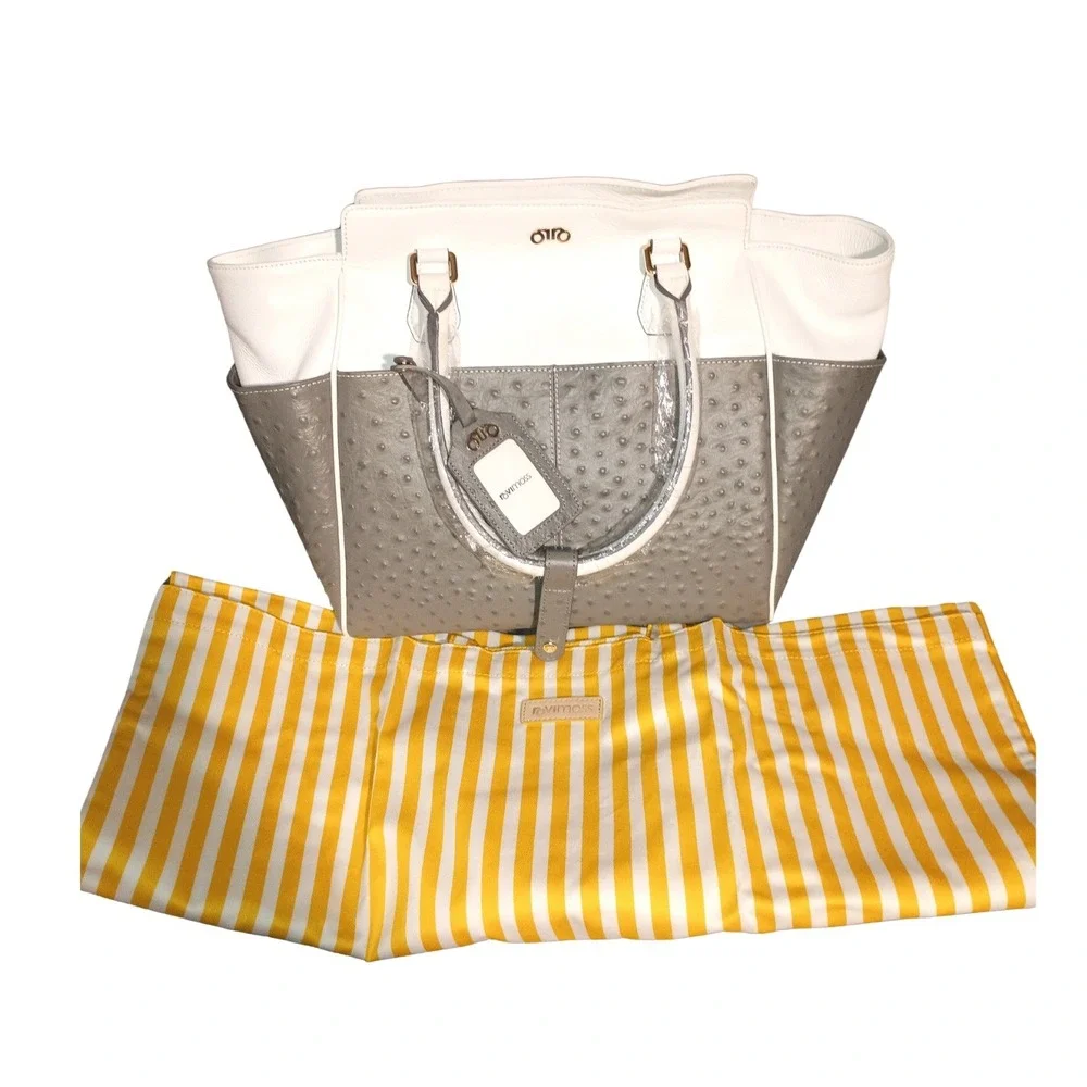 RoviMoss Girlfriend Satchel Grey White Ostrich Embossed Leather Handbag